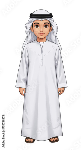 Illustration of a young boy in traditional Emirati clothing, wearing a white kandura and ghutra