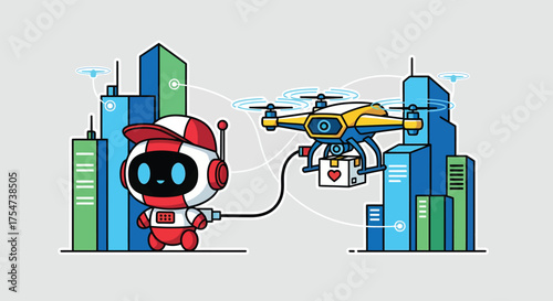 Robot connects drone to power source in futuristic city for package delivery, highlighting technological advancement and efficiency.