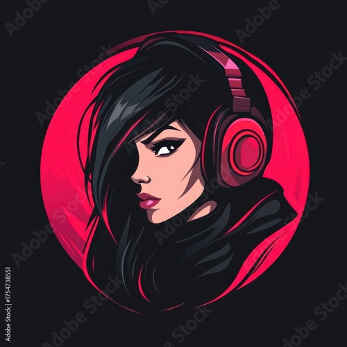Female character with black hair, red headset, and intense look.
