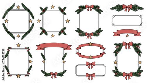 Festive Holiday Frames with Bows, Stars and Evergreen Branches for Cards
