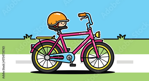 Child riding pink bicycle on sunny road wearing helmet enjoying outdoor activity and having fun in a whimsical style.