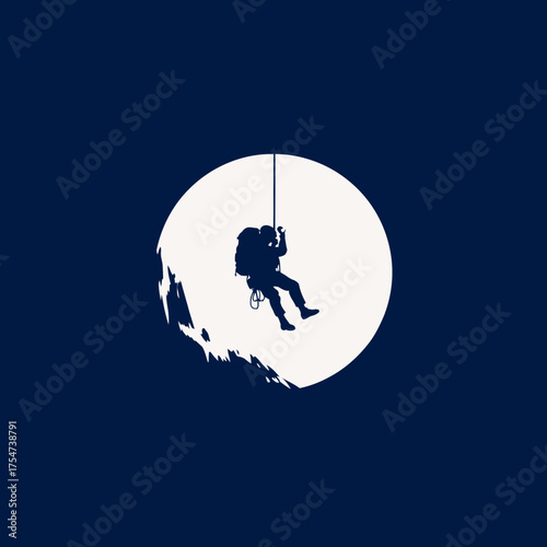 Minimalist silhouette of a person rappelling down a cliff face, illuminated by a large circle. Outdoor extreme sport adventure concept.