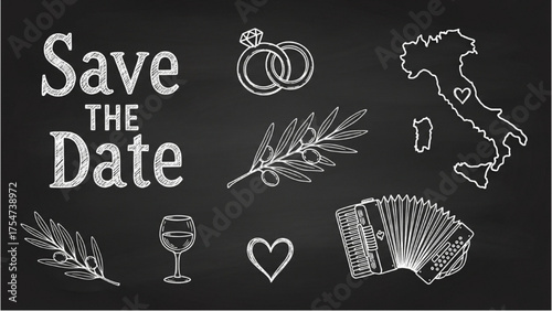 Chalkboard 'Save the Date' collection featuring charming Italian wedding and celebration symbols drawn on a vintage blackboard texture