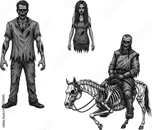Zombie apocalypse characters with undead skeleton horse, horror fantasy illustration, creepy gothic art concept for Halloween and dark fantasy themes