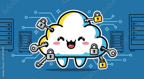 Cartoon cloud smiling happily surrounded by locks and keys on a blue network, representing secure cloud computing and data protection in a playful style.