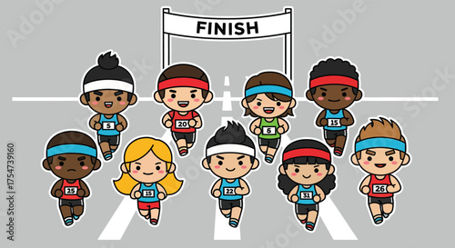 Runners sprint towards the finish line on a race track, showcasing diverse athletes competing in a marathon with determination and sportsmanship.