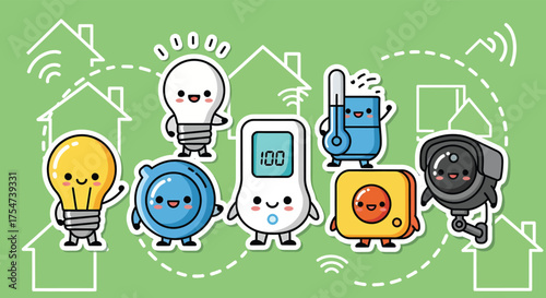 Cute smart home devices smiling and waving against a green backdrop with house outlines, showcasing a friendly and modern tech lifestyle.