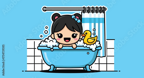 Cute girl taking a bubble bath with a rubber ducky in a blue tub, enjoying a relaxing and playful moment.