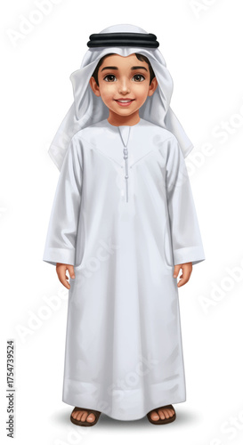 Adorable young boy in traditional Emirati kandura and ghutra attire, perfect for cultural representation