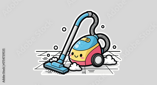Cute cartoon vacuum cleaner cleaning tiled floor with soap bubbles, creating a tidy and cheerful atmosphere.