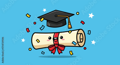 Cute graduation scroll and cap celebrate academic achievement with confetti on a bright blue background, symbolizing success and new beginnings.