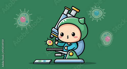 Cute scientist examines cells through a microscope in a laboratory, discovering new microorganisms with a sense of wonder and curiosity.