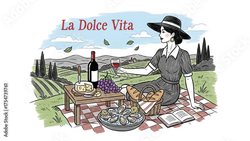 Charming illustration of a woman enjoying a luxurious picnic with wine and gourmet food in a picturesque vineyard setting