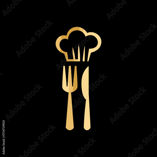 Elegant golden chef's hat with a fork and knife icon on a sleek black background, symbolizing gourmet cuisine and fine dining.
