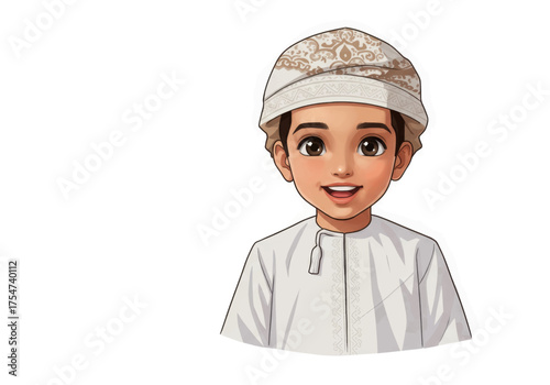 A young Arabian boy in traditional Omani attire, wearing a Kummah cap and dishdasha, with a friendly smile