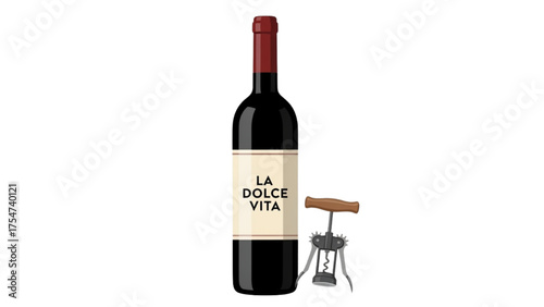 Bottle of Red Wine with Corkscrew Celebrating La Dolce Vita, Italian Lifestyle