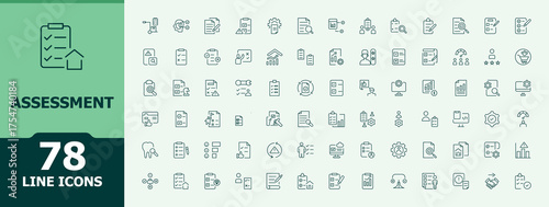 Assessment line icon set. Minimalist vector collections. Contain linear symbols document, finance, graph, check, inspect. Signs for web and mobile app. Document line icon set.