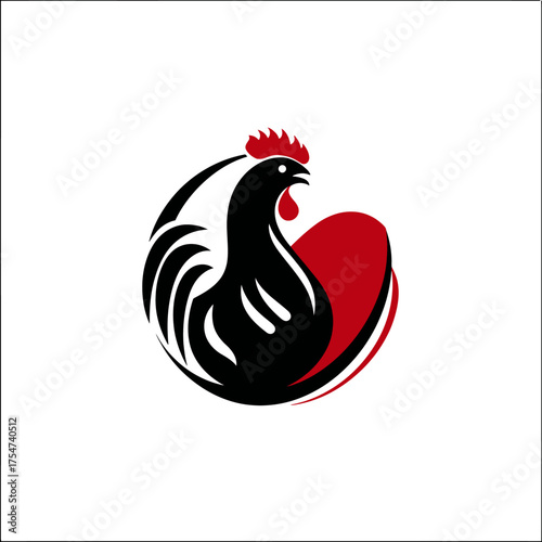Modern stylized black rooster and red egg logo design, abstract chicken icon for farm, poultry, and food industry brands