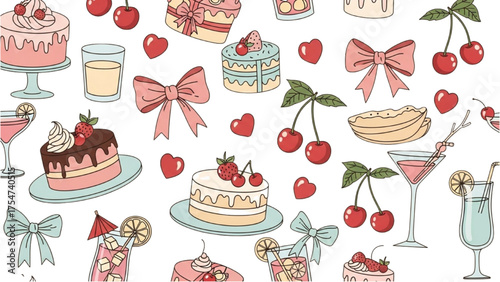 Delightful Seamless Pattern of Charming Desserts, Fruity Cocktails, and Sweet Accents for Festive Occasions