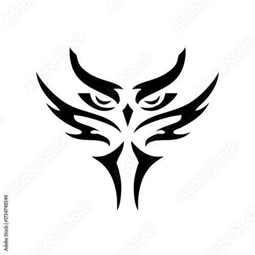 Stylized tribal owl head vector illustration, wise nocturnal bird symbol for graphic design, tattoo, or emblem.