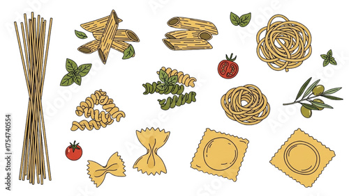 Various Shapes and Types of Pasta and Ingredients for Cooking