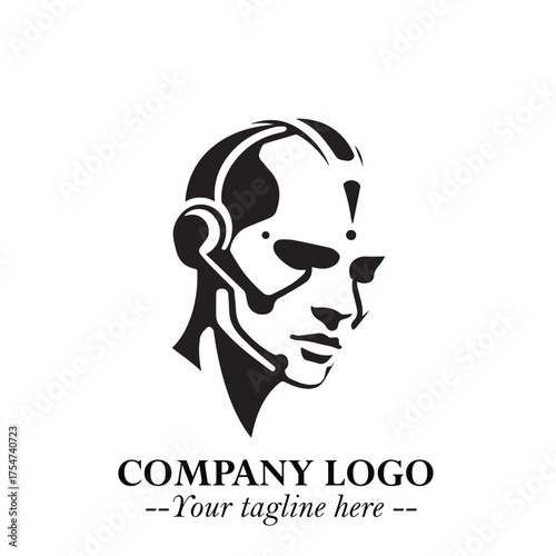 Head of Robot Logo Symbol in Black on the White Background Futuristic Minimalist Illustration