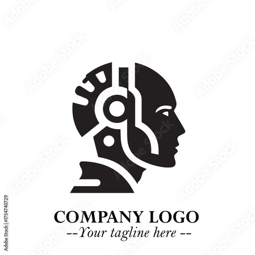 Head of Robot Logo Symbol in Black on the White Background Futuristic Minimalist Illustration