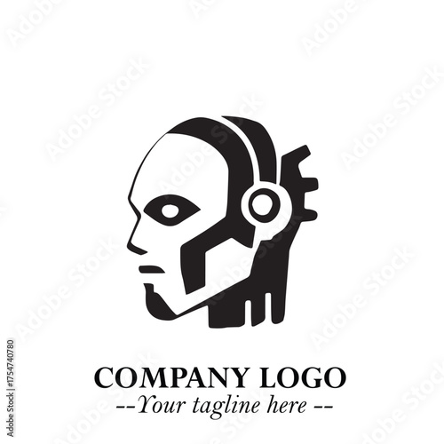 Head of Robot Logo Symbol in Black on the White Background Futuristic Minimalist Illustration