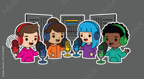 Diverse group of cartoon podcasters recording a show in a studio with microphones and sound equipment, creating a fun and engaging atmosphere.