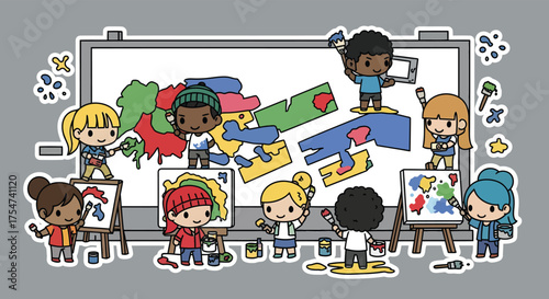 Diverse group of children painting colorful abstract art on canvases and a large screen in a classroom, creating a vibrant and collaborative learning environment.