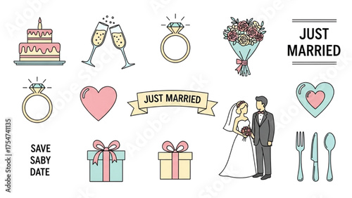 Elegant Wedding Elements Cake, Rings, Bouquet, and Just Married Accents