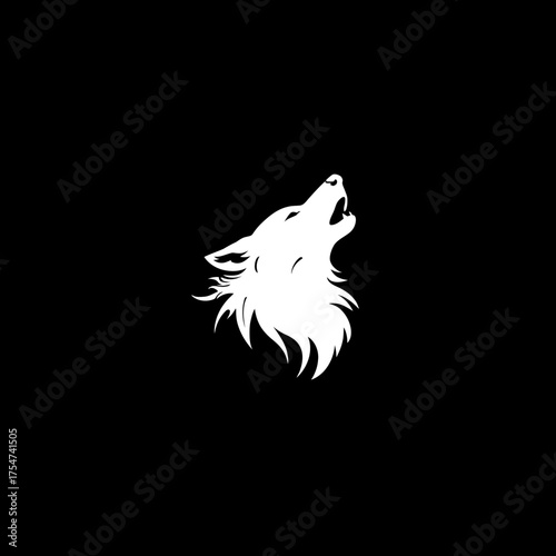 Powerful white howling wolf silhouette on a stark black background, symbolizing wild nature, strength, and freedom. Minimalist graphic design.