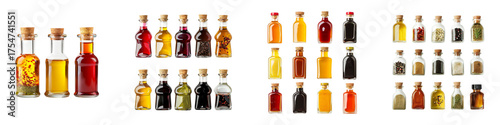 Assorted culinary oils vinegars in glass bottles with cork stoppers