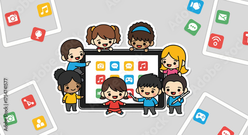 Group of diverse children holding tablet displaying app symbols, representing digital learning and connection in a playful, modern style.