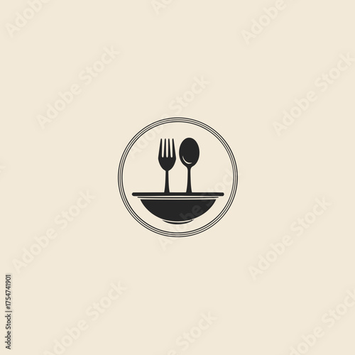 Minimalist dining icon with a fork and spoon in a bowl, perfect for food service, restaurant, catering, or culinary branding.