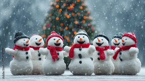 Dancing snowmen against the backdrop of a Christmas tree, soft snow falling, an idea for greeting Merry Christmas and a Happy New Year