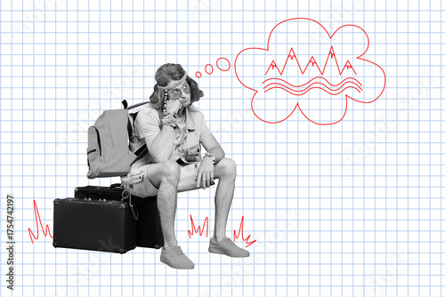 Obraz na plátně Creative trend collage of sad young man dream mountain camping hitchhiking unusu