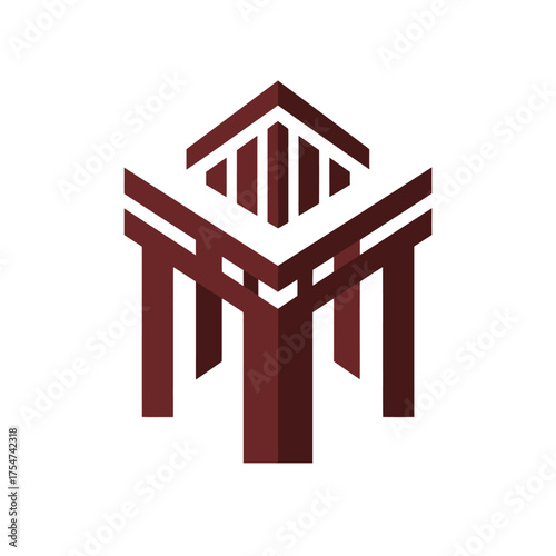 Abstract architectural structure symbol in geometric, minimalist style. Modern elegant design element or icon in deep red maroon shades.