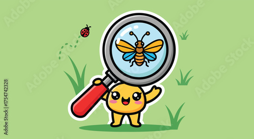 Cute cartoon character examines a butterfly with a magnifying glass in a grassy field, showcasing curiosity and wonder in a whimsical style.