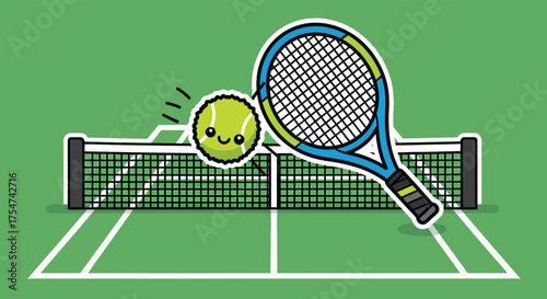 Cute tennis ball bounces happily over the net on a bright green court, ready for a fun game with a friendly and energetic vibe.