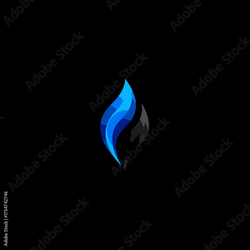 Modern abstract blue and black flame icon. Stylized geometric fire or water drop symbol on a dark background. Digital graphic design element.