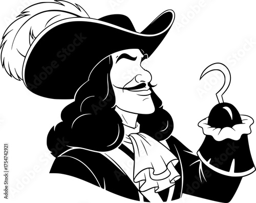 Captain hook silhouette. This image shows the silhouette of Captain Hook, a famous character with a hooked hand, symbolizing adventure and fantasy. Vector clipart illustration design