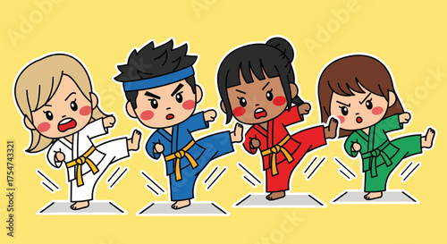 Diverse group of young martial artists practicing karate kicks in a dojo, showcasing teamwork and discipline with determination and focus.