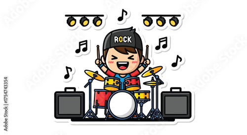 Happy cartoon drummer playing drums on stage with spotlights and musical notes, radiating energy and joy, creating a vibrant and lively atmosphere.