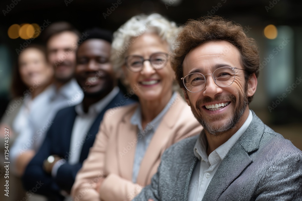 Obraz premium Happy diverse business team standing in row with arms crossed, confident professionals smiling at camera. Leadership, teamwork, success and corporate culture concept in modern office.