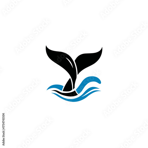 Minimalist black whale tail fluke diving into blue ocean waves, stylized marine mammal illustration, aquatic vector graphic design
