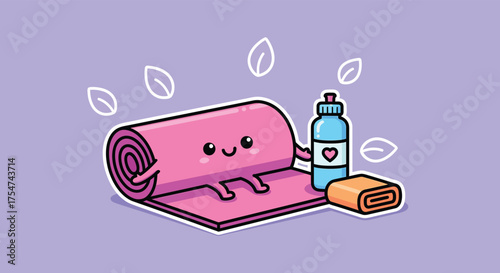 Cute pink yoga mat smiles next to water bottle and towel on lilac surface, promoting healthy lifestyle and fitness with playful charm.