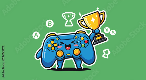Cute blue gamepad joyfully holds a golden trophy on a green surface, celebrating victory and achievement in a playful and energetic style.