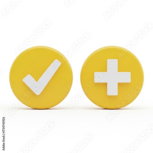 Yellow circular icons with a white checkmark and a plus sign symbolize success and addition.