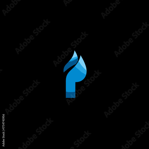 Sleek blue abstract icon resembling a stylized flame or liquid drop, modern faceted geometric design on a black background.